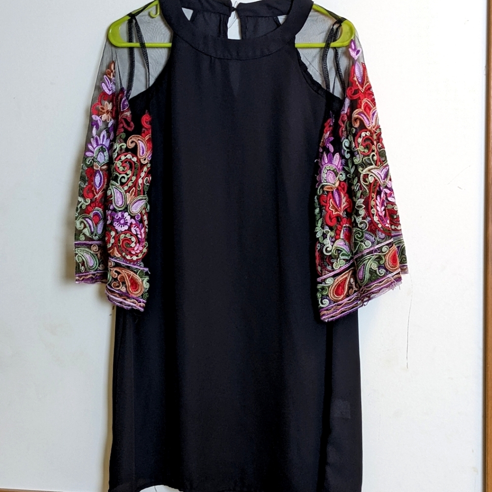 Sheer Sleeve Embroidered Black Dress